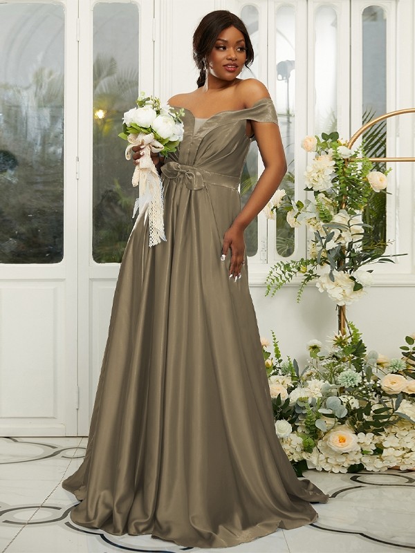 A-Line/Princess Silk like Satin Ruffles Off-the-Shoulder Sleeveless Sweep/Brush Train Bridesmaid Dresses 2482