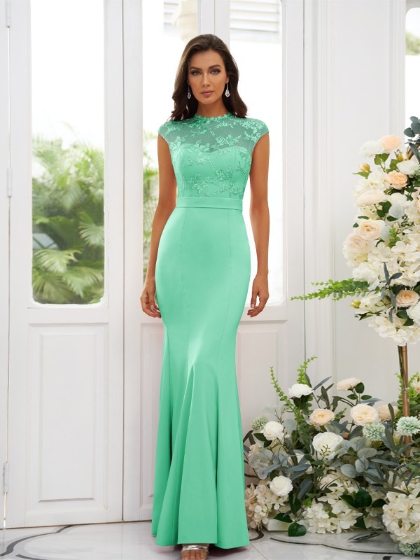 Trumpet/Mermaid Stretch Crepe Applique High Neck Sleeveless Floor-Length Bridesmaid Dresses 3243