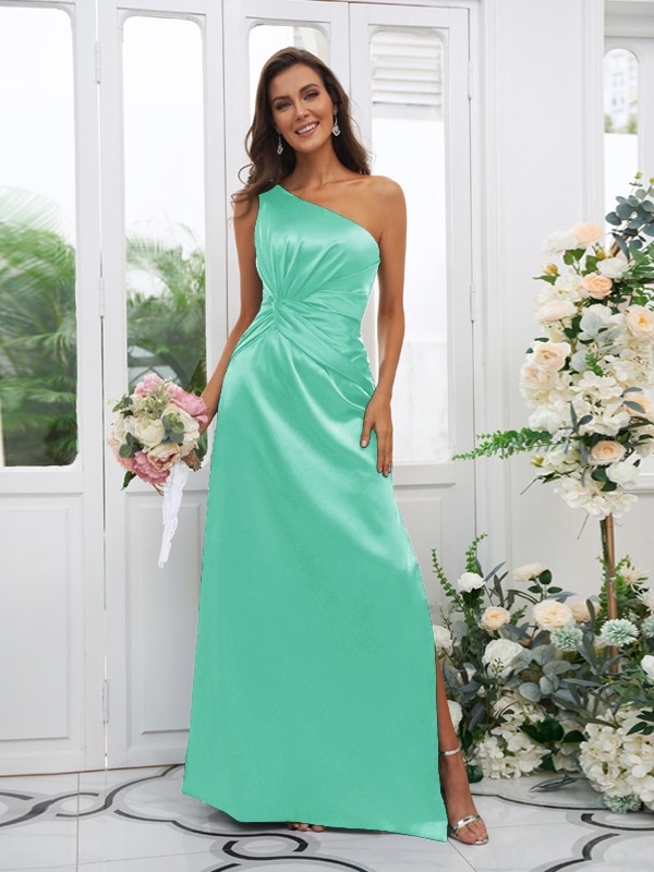 Sheath/Column Elastic Woven Satin Ruched One-Shoulder Sleeveless Floor-Length Bridesmaid Dresses 2922