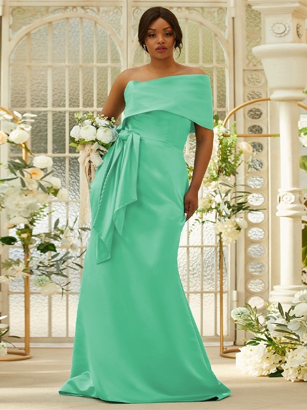 Sheath/Column Satin Ruched One-Shoulder Sleeveless Sweep/Brush Train Bridesmaid Dresses 3022