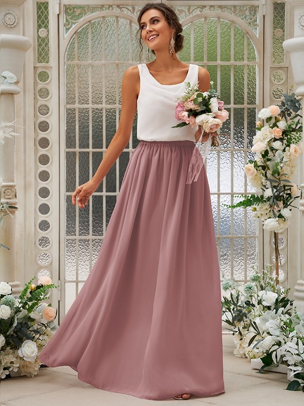 A-Line/Princess Chiffon Ruffles Scoop Sleeveless Floor-Length Two Piece Bridesmaid Dresses 2210