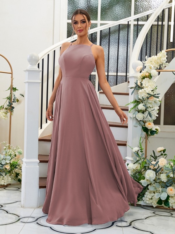 A-Line/Princess Chiffon Ruffles Halter Sleeveless Floor-Length Bridesmaid Dresses 2195