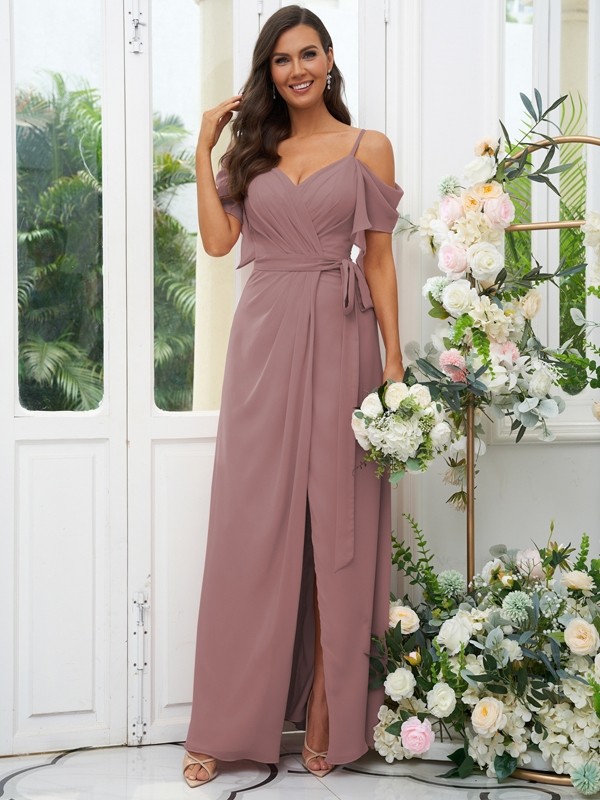 A-Line/Princess Chiffon Ruched V-neck Short Sleeves Floor-Length Bridesmaid Dresses 2171