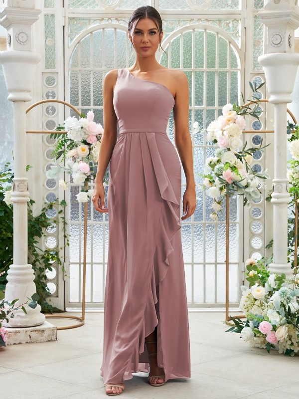 Sheath/Column Chiffon Ruffles One-Shoulder Sleeveless Floor-Length Bridesmaid Dresses 2914