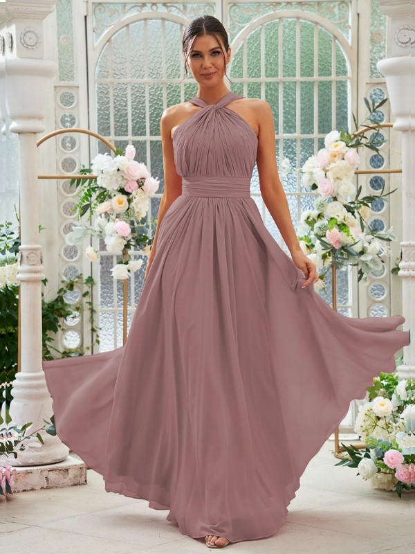 A-Line/Princess Chiffon Ruched Halter Sleeveless Floor-Length Bridesmaid Dresses 2154