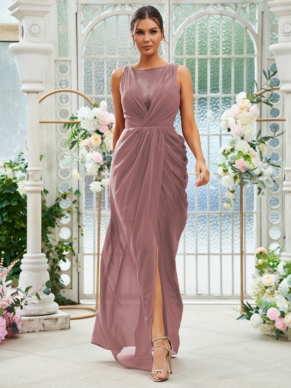 Sheath/Column Chiffon Ruched Scoop Sleeveless Floor-Length Bridesmaid Dresses 2904