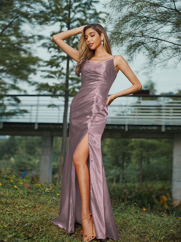 Sheath/Column Silk like Satin Ruched V-neck Sleeveless Floor-Length Bridesmaid Dresses 3083