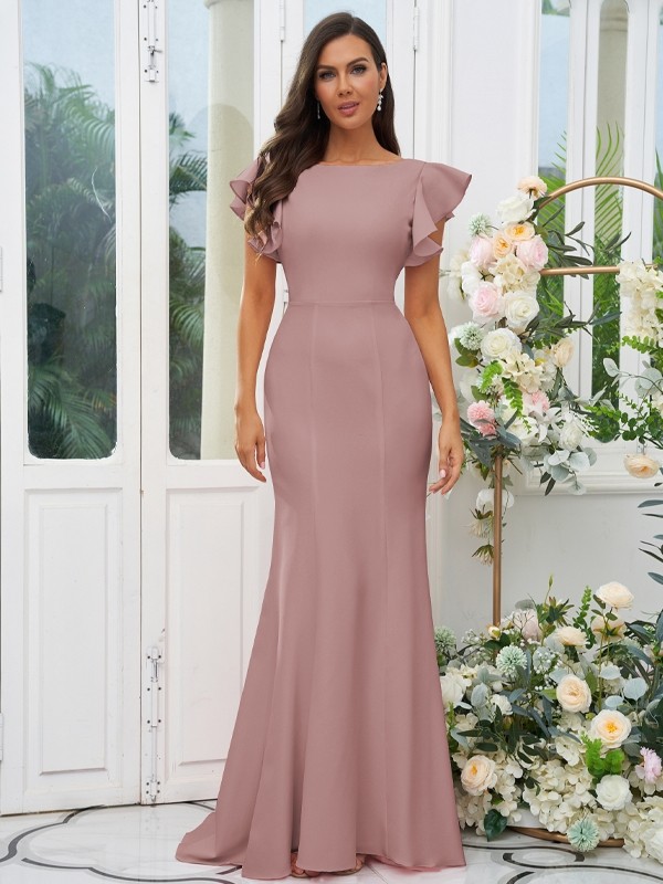 Sheath/Column Stretch Crepe Ruffles Scoop Short Sleeves Sweep/Brush Train Bridesmaid Dresses 3193