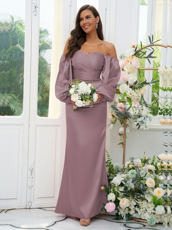 Sheath/Column Silk like Satin Ruched Off-the-Shoulder Long Sleeves Floor-Length Bridesmaid Dresses 3054