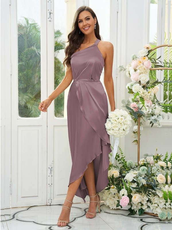 A-Line/Princess Silk like Satin Ruched One-Shoulder Sleeveless Tea-Length Bridesmaid Dresses 2471