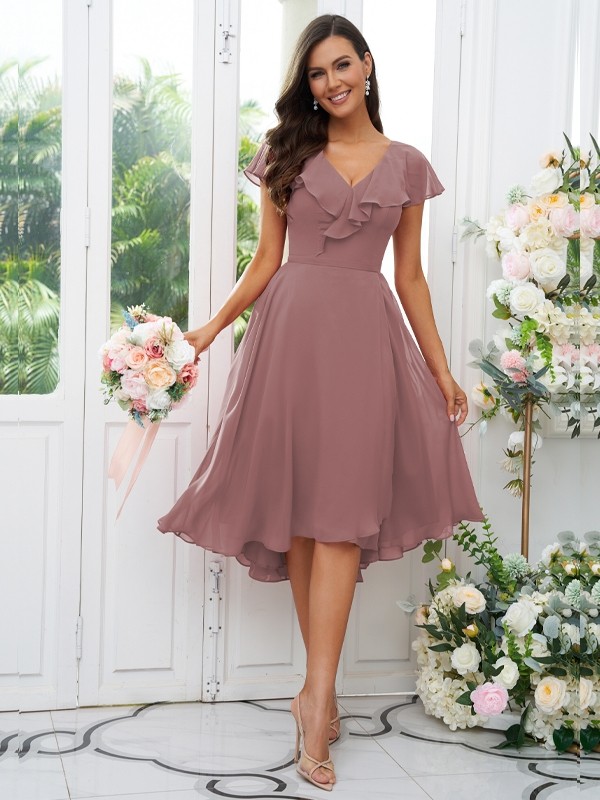 A-Line/Princess Chiffon Ruffles V-neck Short Sleeves Asymmetrical Bridesmaid Dresses 2221