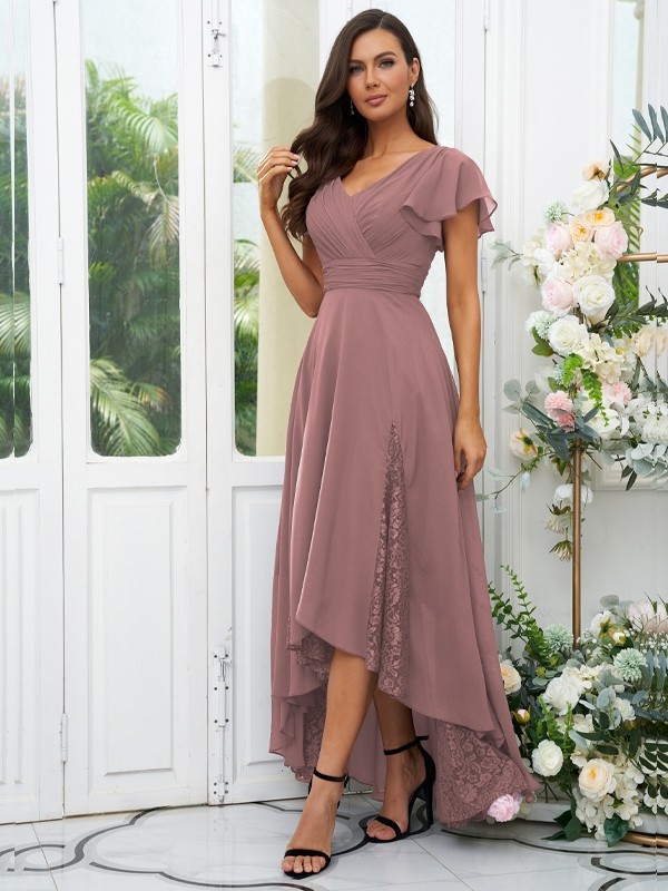 A-Line/Princess Chiffon Lace V-neck Short Sleeves Asymmetrical Bridesmaid Dresses 2151