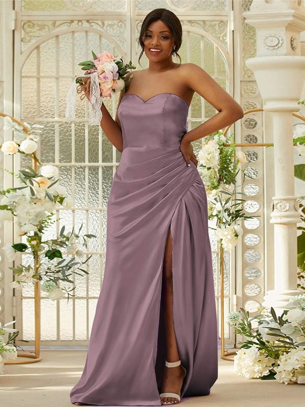 Sheath/Column Silk like Satin Ruched Sweetheart Sleeveless Sweep/Brush Train Bridesmaid Dresses 3079