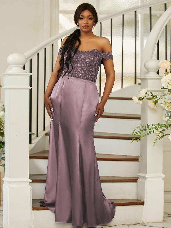 Sheath/Column Silk like Satin Applique Off-the-Shoulder Sleeveless Sweep/Brush Train Bridesmaid Dresses 3051