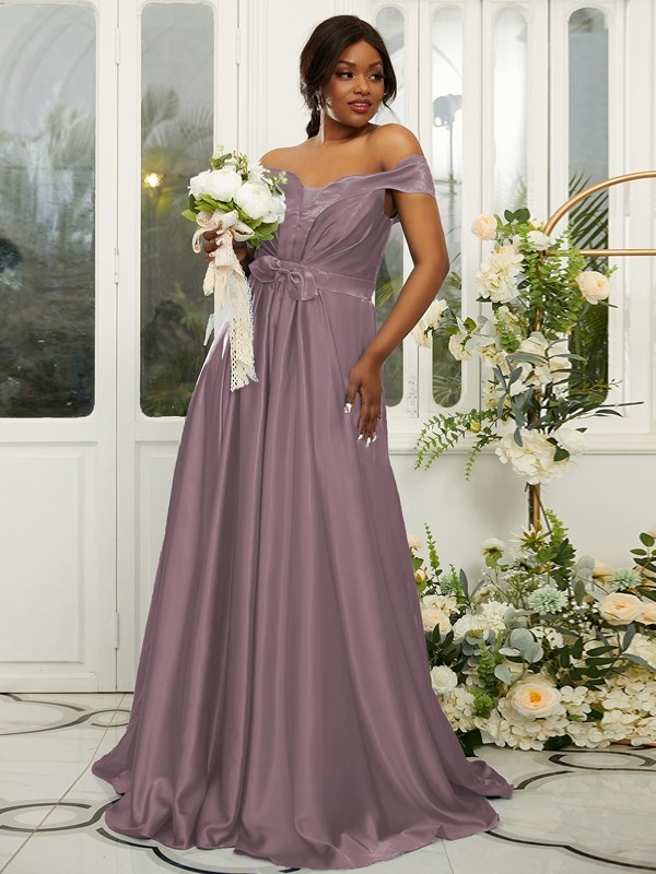 A-Line/Princess Silk like Satin Ruffles Off-the-Shoulder Sleeveless Sweep/Brush Train Bridesmaid Dresses 2482