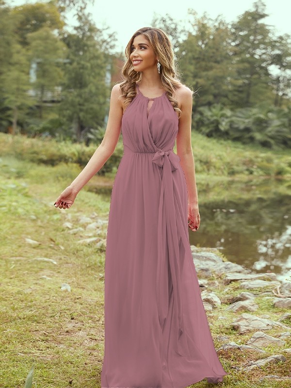 A-Line/Princess Chiffon Ruffles Halter Sleeveless Sweep/Brush Train Bridesmaid Dresses 2196