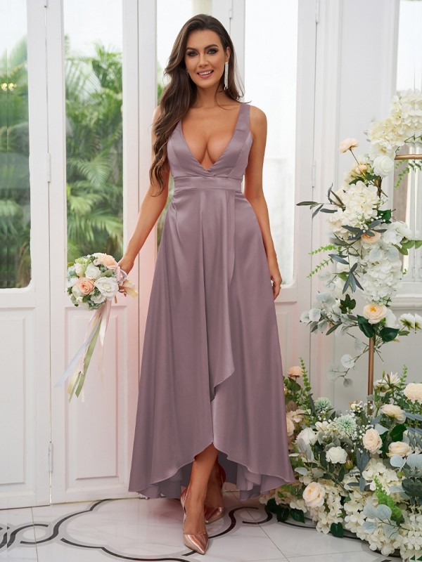 A-Line/Princess Silk like Satin Ruffles V-neck Sleeveless Ankle-Length Bridesmaid Dresses 2489