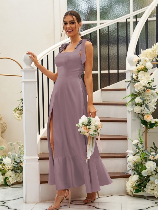 A-Line/Princess Silk like Satin Ruffles Straps Sleeveless Ankle-Length Bridesmaid Dresses 2486