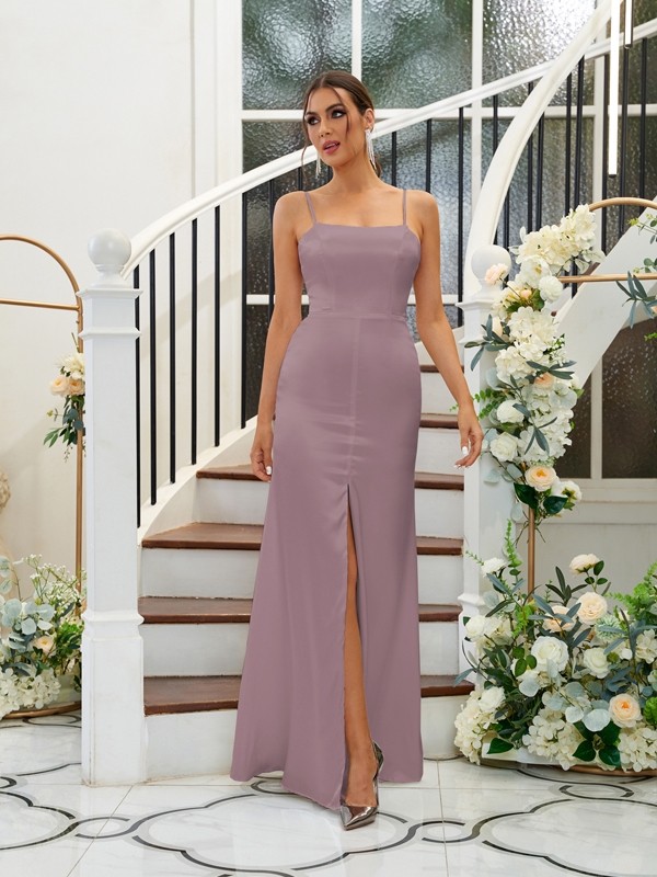 A-Line/Princess Silk like Satin Ruffles Spaghetti Straps Sleeveless Floor-Length Bridesmaid Dresses 2484