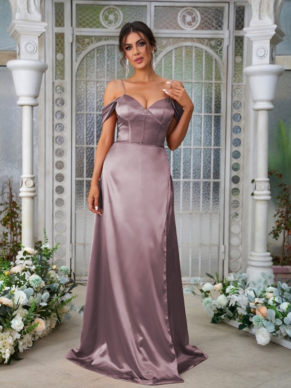 A-Line/Princess Silk like Satin Ruched Sweetheart Sleeveless Sweep/Brush Train Bridesmaid Dresses 2473