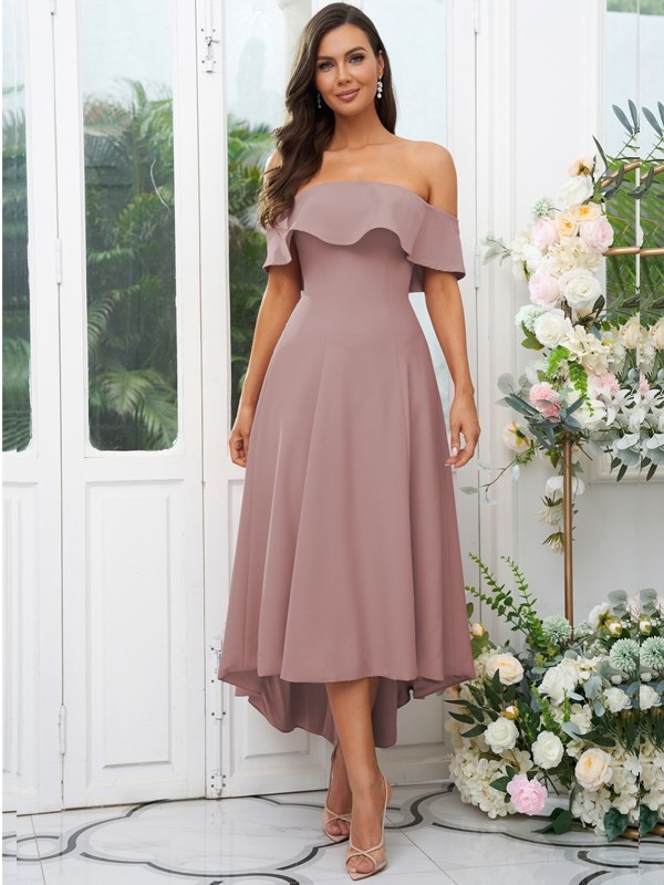 A-Line/Princess Stretch Crepe Ruffles Off-the-Shoulder Sleeveless Asymmetrical Bridesmaid Dresses 2662