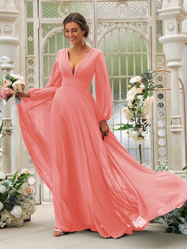 A-Line/Princess Chiffon Ruffles V-neck Long Sleeves Sweep/Brush Train Bridesmaid Dresses 2219