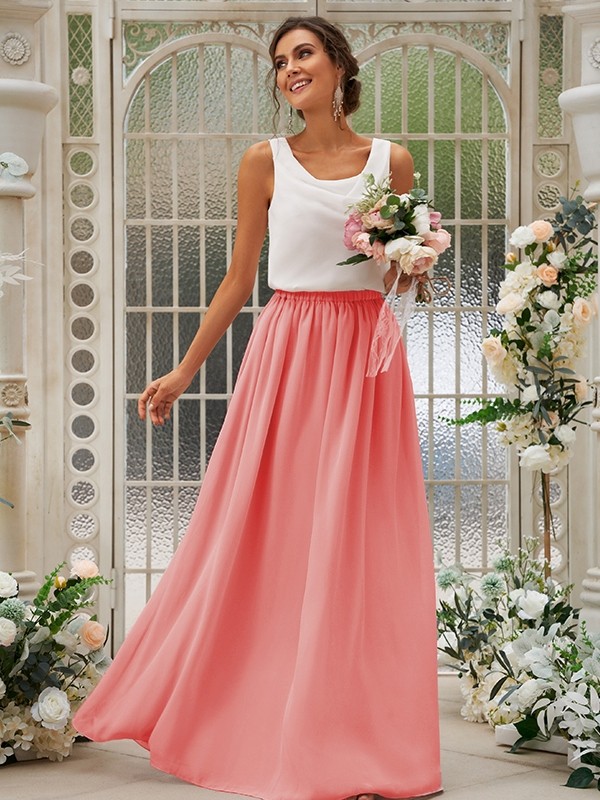 A-Line/Princess Chiffon Ruffles Scoop Sleeveless Floor-Length Two Piece Bridesmaid Dresses 2210