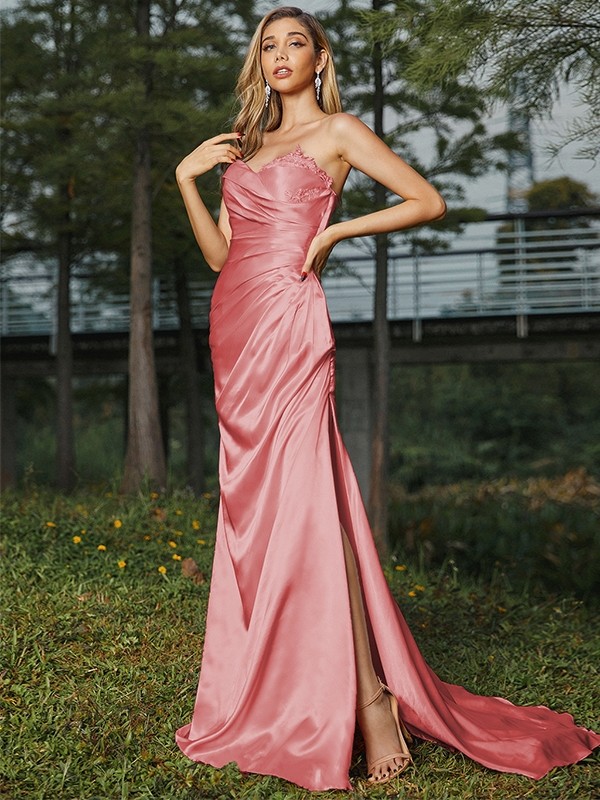 Sheath/Column Silk like Satin Ruched Sweetheart Sleeveless Sweep/Brush Train Bridesmaid Dresses 3078