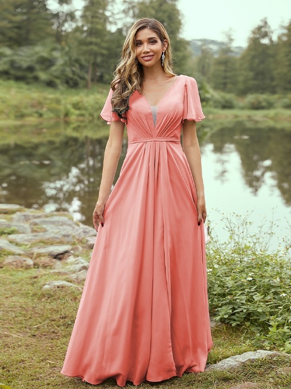 A-Line/Princess Chiffon Ruffles V-neck Short Sleeves Floor-Length Bridesmaid Dresses 2223