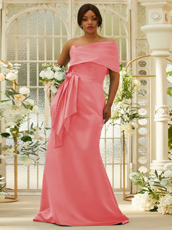 Sheath/Column Satin Ruched One-Shoulder Sleeveless Sweep/Brush Train Bridesmaid Dresses 3022