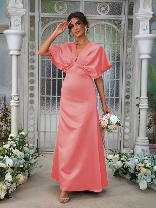 A-Line/Princess Satin Ruched V-neck Short Sleeves Floor-Length Bridesmaid Dresses 2431