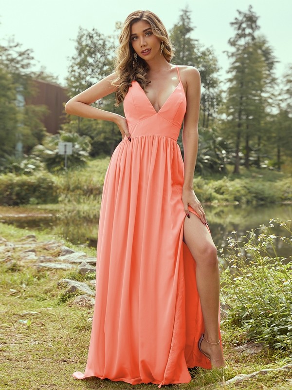 A-Line/Princess Chiffon Ruffles V-neck Sleeveless Floor-Length Bridesmaid Dresses 2234