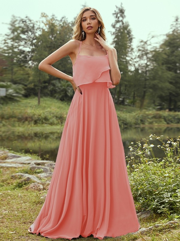 A-Line/Princess Chiffon Ruffles Spaghetti Straps Sleeveless Floor-Length Bridesmaid Dresses 2213