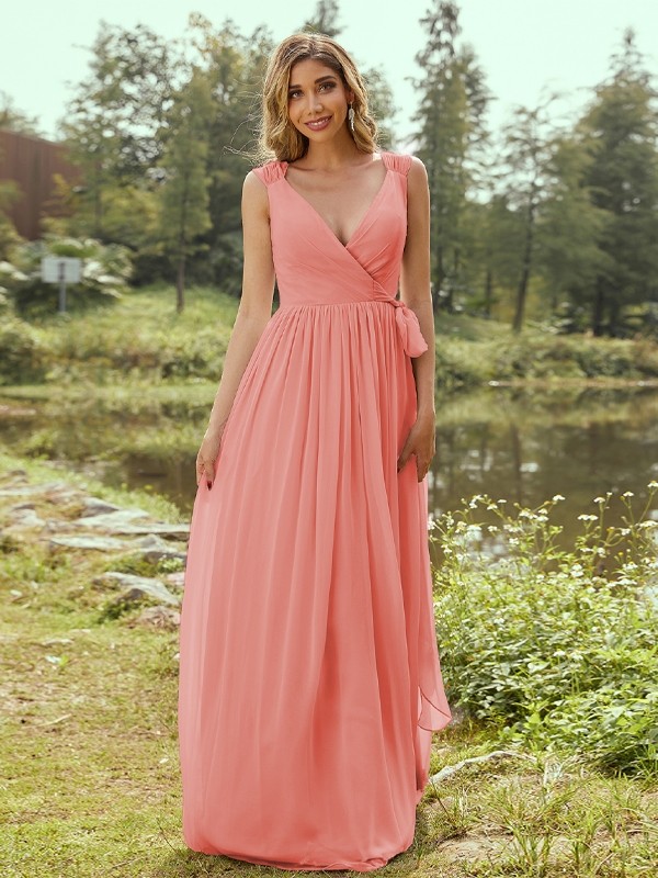 A-Line/Princess Chiffon Ruffles V-neck Sleeveless Floor-Length Bridesmaid Dresses 2235