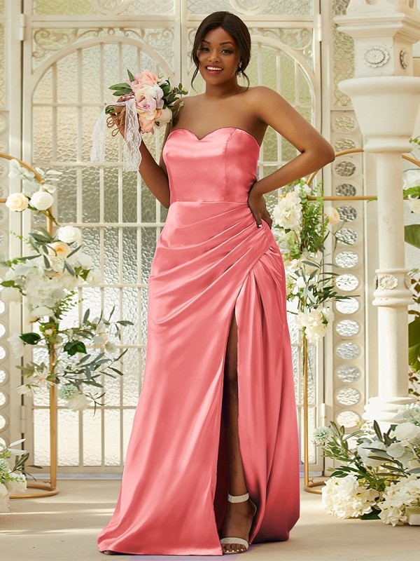 Sheath/Column Silk like Satin Ruched Sweetheart Sleeveless Sweep/Brush Train Bridesmaid Dresses 3079