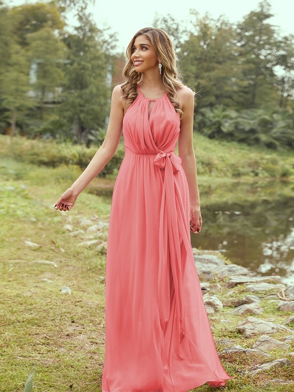 A-Line/Princess Chiffon Ruffles Halter Sleeveless Sweep/Brush Train Bridesmaid Dresses 2196