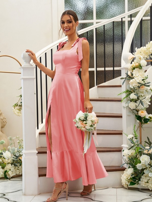 A-Line/Princess Silk like Satin Ruffles Straps Sleeveless Ankle-Length Bridesmaid Dresses 2486