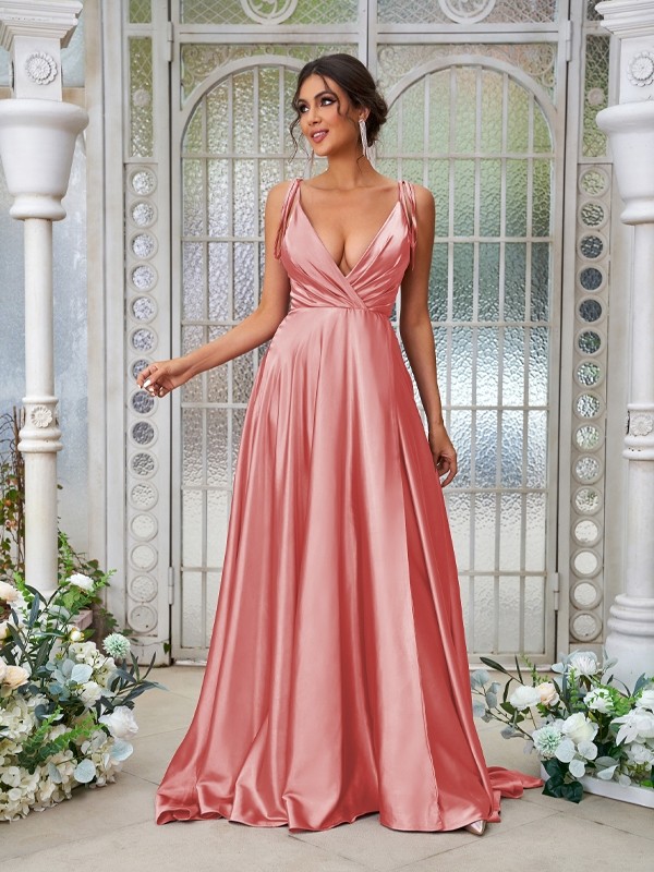 A-Line/Princess Silk like Satin Ruffles V-neck Sleeveless Sweep/Brush Train Bridesmaid Dresses 2494