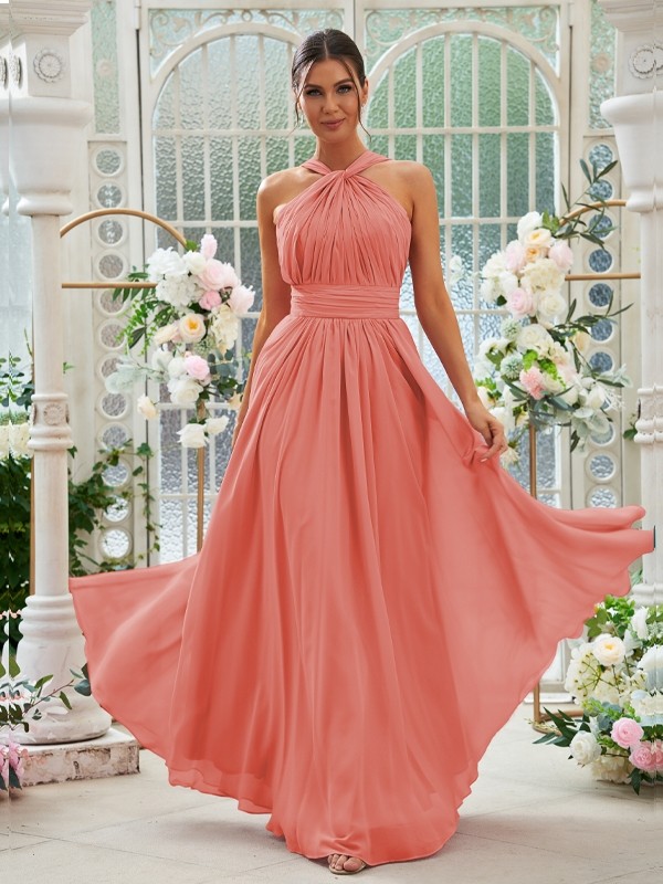 A-Line/Princess Chiffon Ruched Halter Sleeveless Floor-Length Bridesmaid Dresses 2154