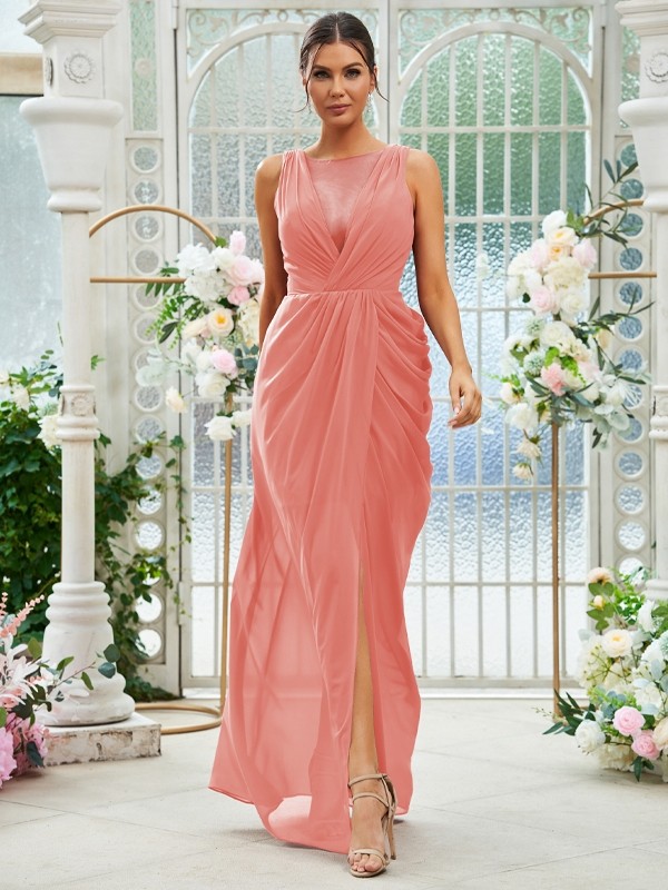 Sheath/Column Chiffon Ruched Scoop Sleeveless Floor-Length Bridesmaid Dresses 2904