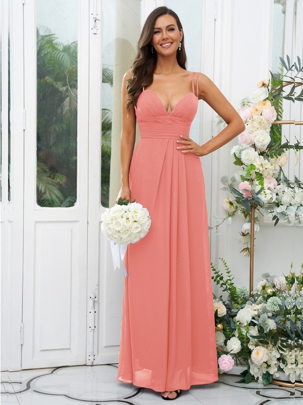 A-Line/Princess Chiffon Ruched V-neck Sleeveless Floor-Length Bridesmaid Dresses 2178