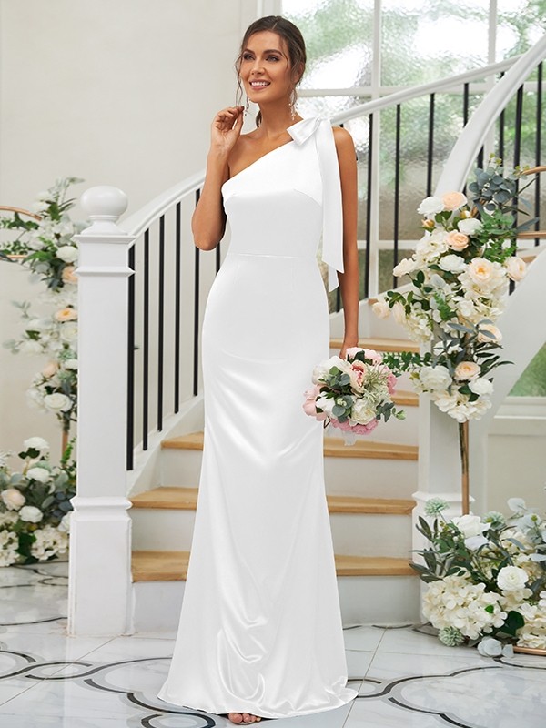 Sheath/Column Silk like Satin Bowknot One-Shoulder Sleeveless Floor-Length Bridesmaid Dresses 3052