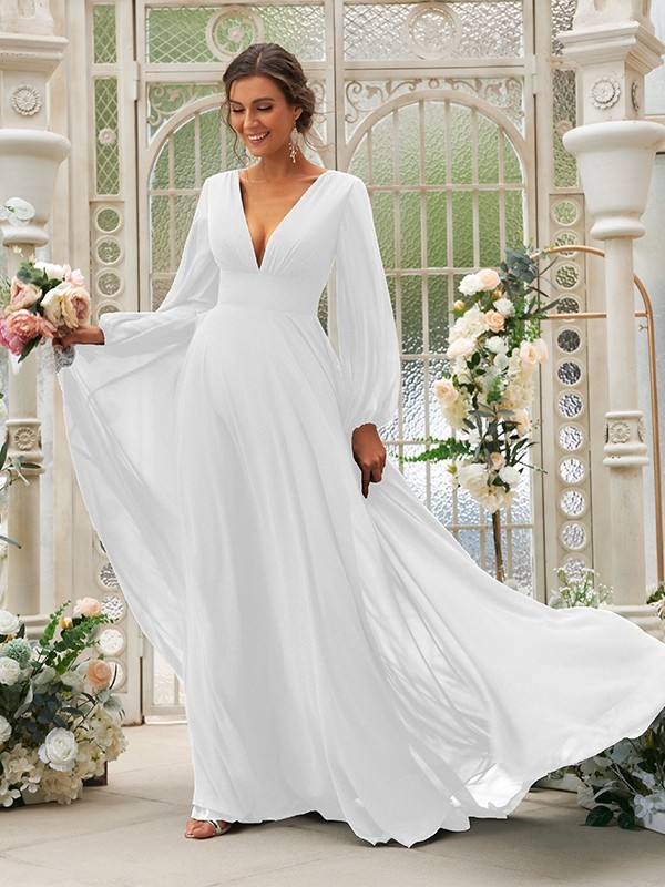 A-Line/Princess Chiffon Ruffles V-neck Long Sleeves Sweep/Brush Train Bridesmaid Dresses 2219