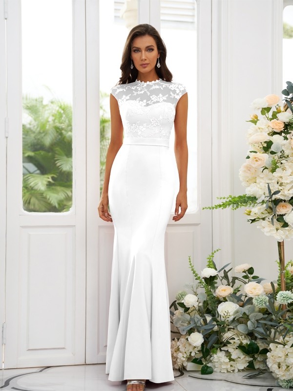 Trumpet/Mermaid Stretch Crepe Applique High Neck Sleeveless Floor-Length Bridesmaid Dresses 3243