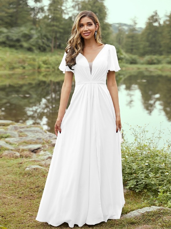 A-Line/Princess Chiffon Ruffles V-neck Short Sleeves Floor-Length Bridesmaid Dresses 2223