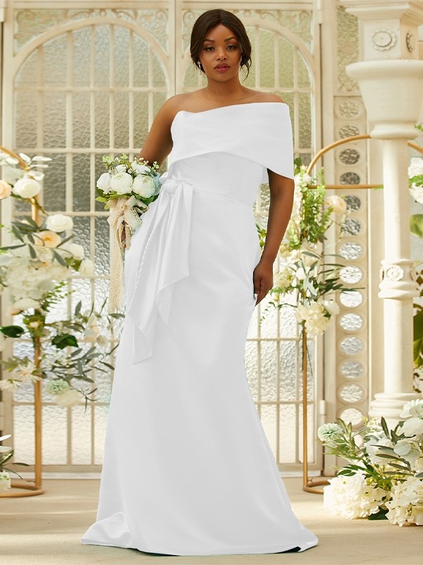 Sheath/Column Satin Ruched One-Shoulder Sleeveless Sweep/Brush Train Bridesmaid Dresses 3022