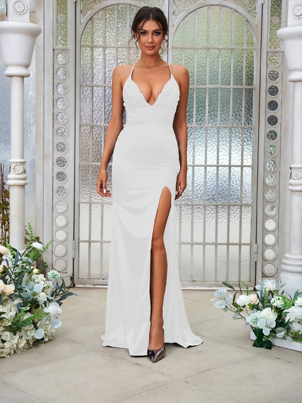 Sheath/Column Elastic Woven Satin Ruched V-neck Sleeveless Sweep/Brush Train Bridesmaid Dresses 2936