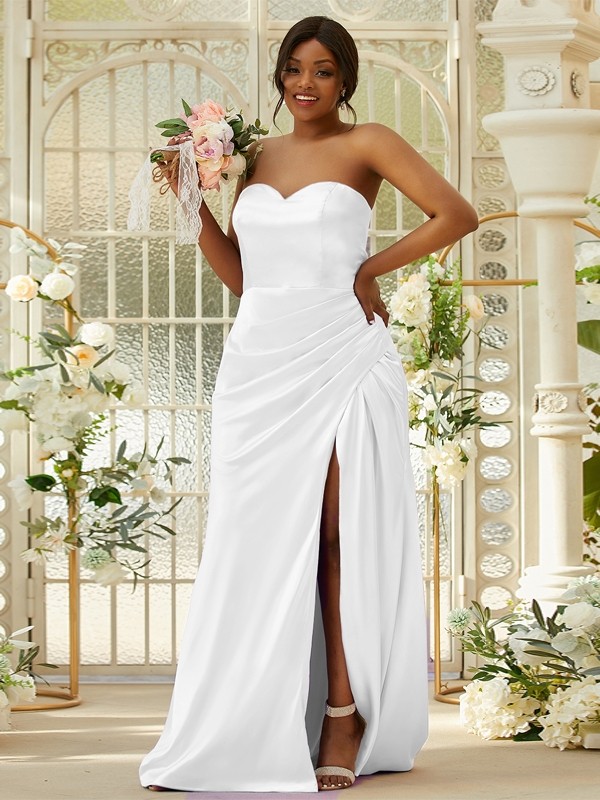 Sheath/Column Silk like Satin Ruched Sweetheart Sleeveless Sweep/Brush Train Bridesmaid Dresses 3079