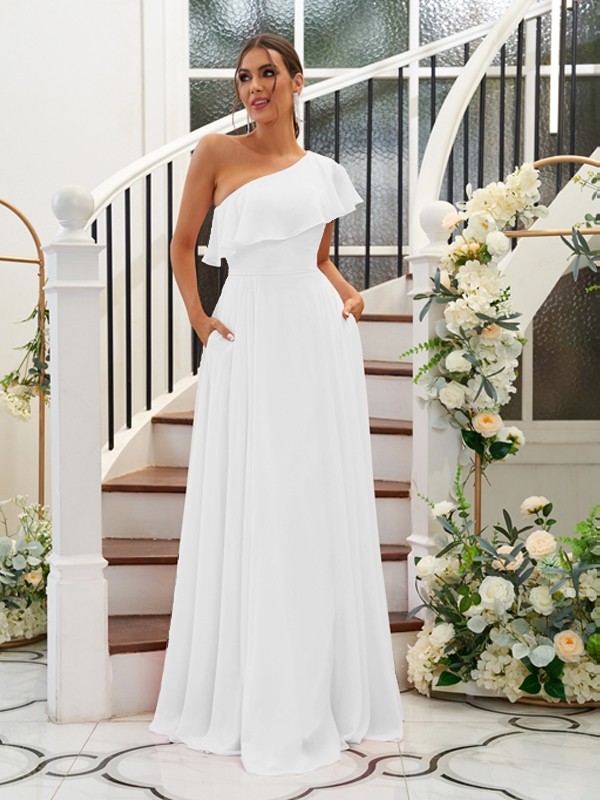 A-Line/Princess Chiffon Ruffles One-Shoulder Sleeveless Floor-Length Bridesmaid Dresses 2205