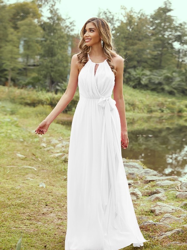 A-Line/Princess Chiffon Ruffles Halter Sleeveless Sweep/Brush Train Bridesmaid Dresses 2196